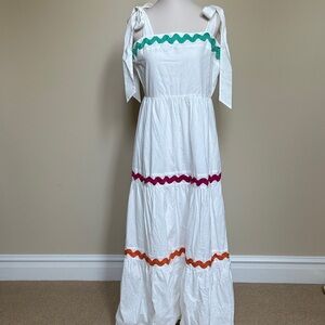 New White Maxi Bow Tie Dress with Vibrant Trim
